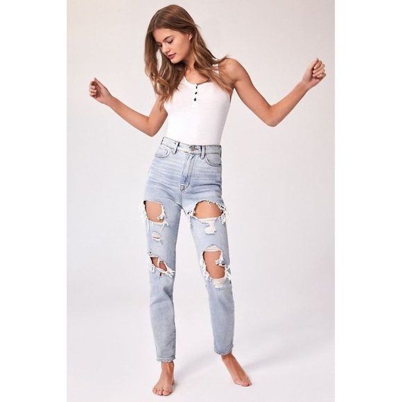 light wash extreme distressed mom jean